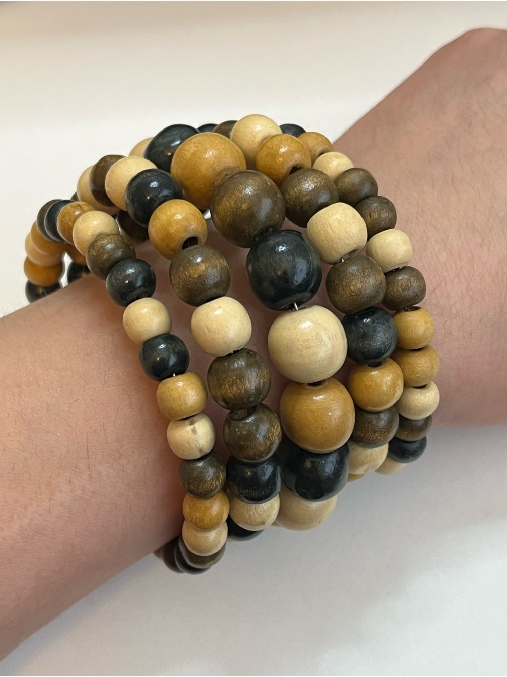 Vtg Coiled Boho Bohemian Natural Materials Bracelet Spiral Wire Wooden Beads